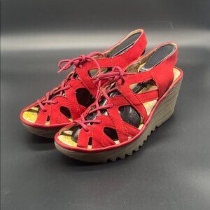 Fly London Style Red Leather Wedge Sandals Ankle Strap Platform Women's Size‎ 38